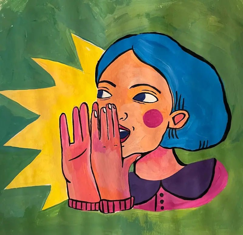 A painted illustration of a person with blue hair cupping their hands to their mouth to call out, against a yellow burst on a green background.