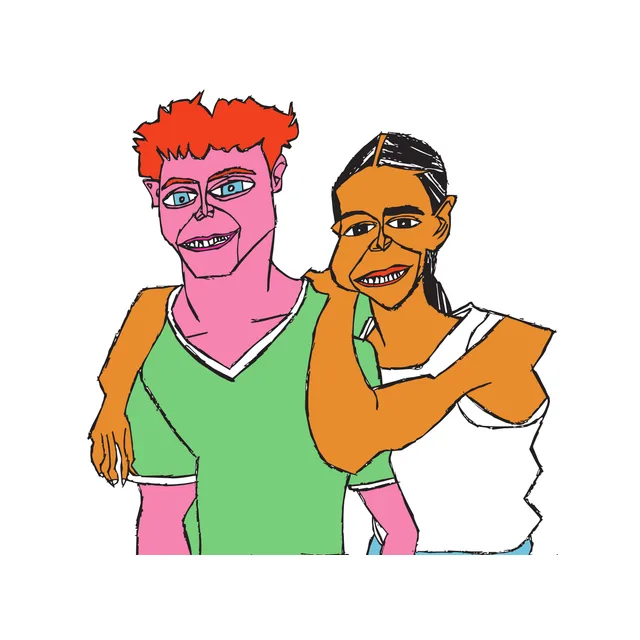 Two smiling friends stand side by side, one resting an arm across the other’s shoulders.